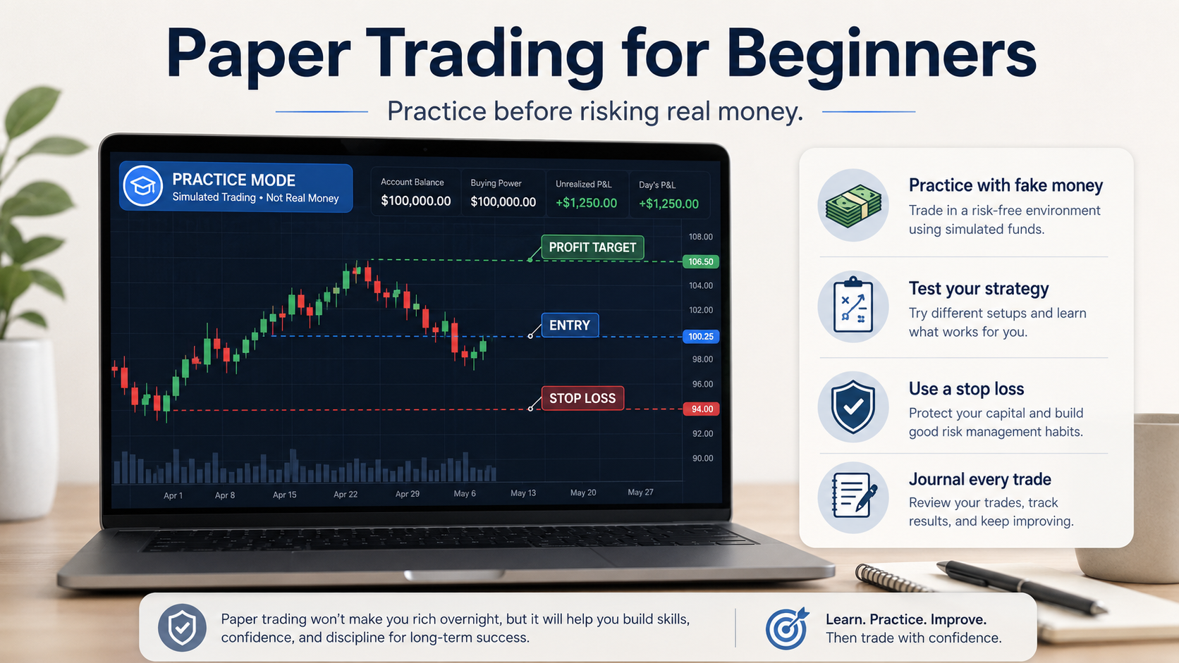 A simple paper trading example showing how beginners can practice trade planning before risking real money.